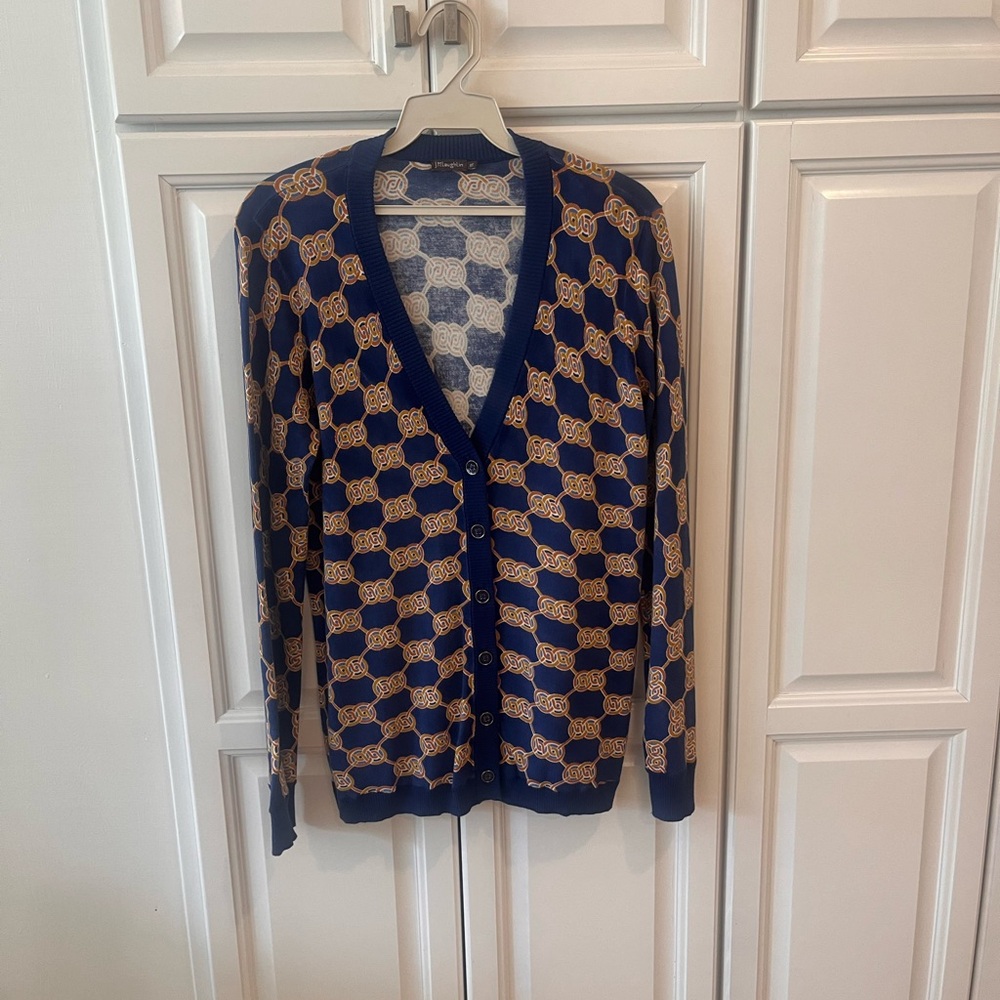 J. McLaughlin Navy and Tan Patterned V-Neck Cardigan Sweater